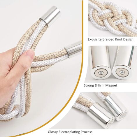 AlwaysH Pack Nordic Style Magnetic Curtain Tiebacks Decorative Woven Rope Curtain Holdbacks for Home Office Window Curtains (Beige and White)