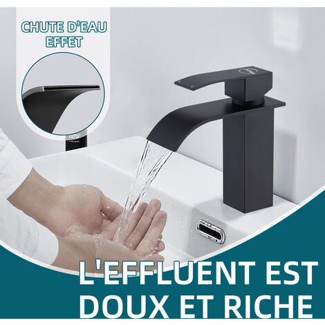 Mitigeur Lavabo et Vasque Salle de Bain Noir Chaude et Froide Réglable Style Cascade  M