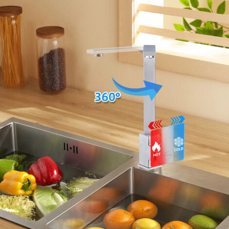 Robinet Cuisine Mitigeur Cuisine Rotation à 360°, Robinet Mitigeur Cuisine Chaud et Froid-Chaude Chromé