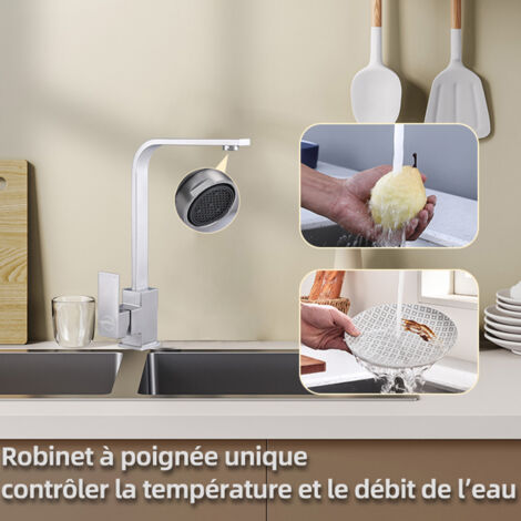 Robinet Cuisine Mitigeur Cuisine Rotation à 360°, Robinet Mitigeur Cuisine Chaud et Froid-Chaude Chromé
