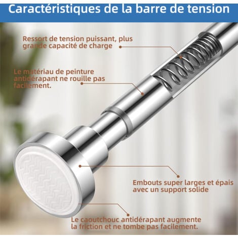 Tringle à Rideau de Douche 125-220cm Tringle Rideau Extensible sans Forage en Acier Inoxydable 304 Barre à Tension de Douche