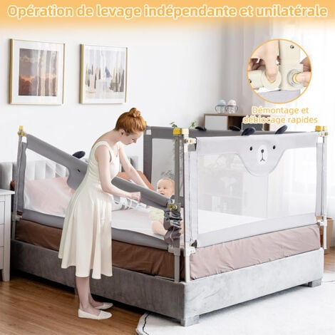 Barrière de lit pour Enfant,Bébé Barrière de Sécurité de Lit avec Double Verrouillage , Anti-Chute Barriere Réglable en Hauteur de 64 à 96 cm Réglables Rail, 150cm