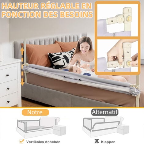 Barrière de lit pour Enfant,Bébé Barrière de Sécurité de Lit avec Double Verrouillage , Anti-Chute Barriere Réglable en Hauteur de 64 à 96 cm Réglables Rail, 150cm