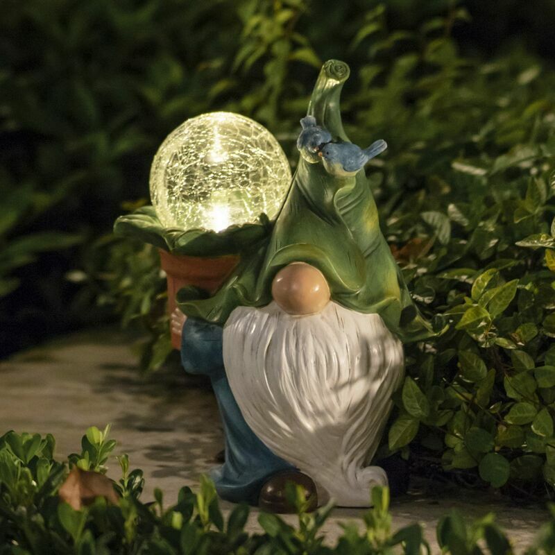 Gartenfigur aus Kunstharz – Langbärtiger Weihnachtszwerg, der Hula Hoop  spielt, mit LED-Solarlichtern, Rasendekoration für den Außenbereich,  Ornament-Geschenk (Kristallkugel)