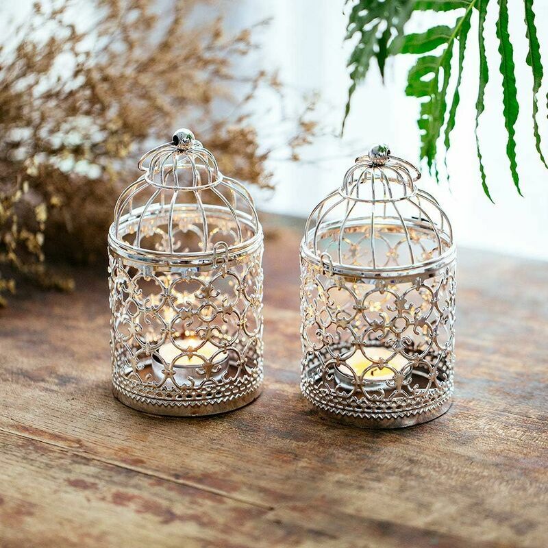 kleine Metall-Teelichter zum Aufhängen, Vogelkäfig-Laterne, dekorative  Vintage-Mittelstücke für Hochzeiten, Party (Silber)