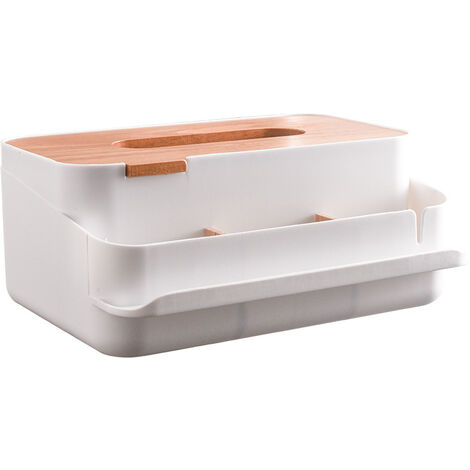 Multifunktions-Taschentuchbox, rechteckig, Schreibtisch-Organizer,  Taschentuchspender aus Holz, für Telefon, Tablet, Fernbedienung, weiß
