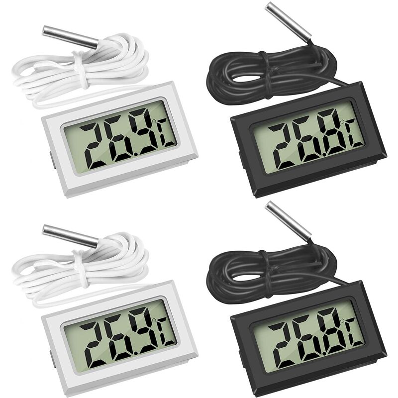 Mini-Digital-LCD-Thermometer, Temperatur mit Temperaturfühler, Sensortester  für Kühl- und Gefrierschränke, Aquarien (2 x Schwarz, 2 x Weiß)