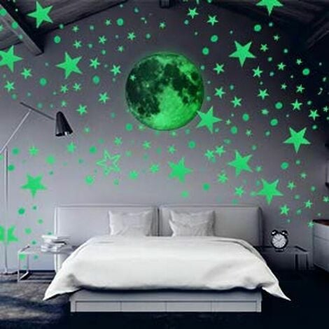 Leuchtender Wandaufkleber selbstklebend 435/Leuchtpunkte und Mond  Wandaufkleber 30 cm für Kinderzimmer, leuchtende Sterne, Sternenhimmel und