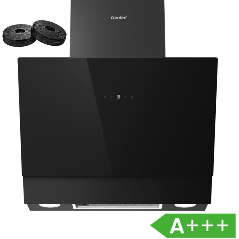 Comfee Hotte Aspirante Inclinée 60cm - 650m³/h - Classe A+++ - 4 vitesses - Filtres à Charbon Inclus - Commandes Gestuelles - Verre Noir - 21.5W LED