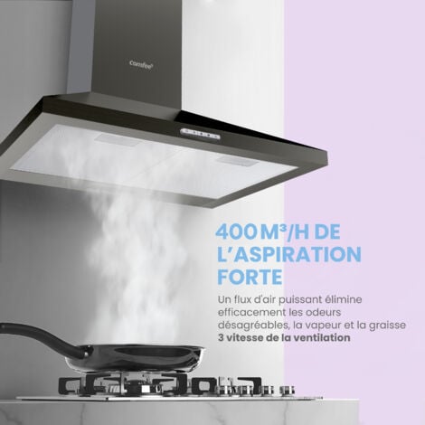 Comfee Hotte Aspirante Hotte De Cuisine 60cm-3 Vitesses- 2 Filtres à Charbon- Recyclage ou Évacuation-LED lampe-Noir