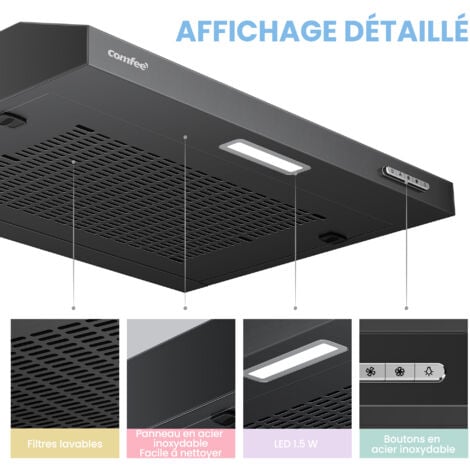 Comfee Hotte Aspirante Casquette Visière- 60cm-3 Vitesses-Évacuation et Recyclage-LED Lampe-Filtre en Coton Noir en Inox [Classe Énergétique B]