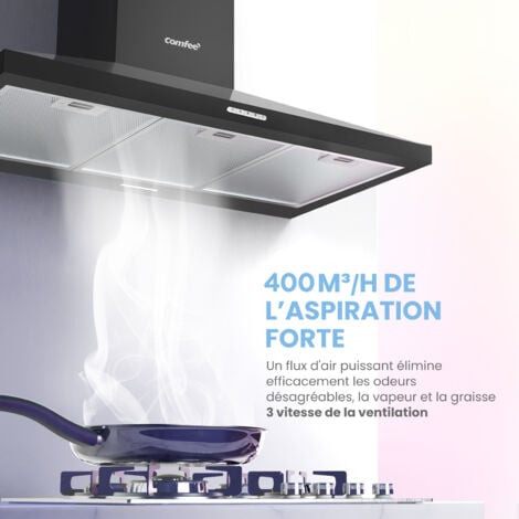 Comfee Hotte Aspirante Hotte de Cuisine 90cm-3 Vitesses- 2 Filtres à Charbon- Recyclage ou Évacuation-LED lampe-Noir
