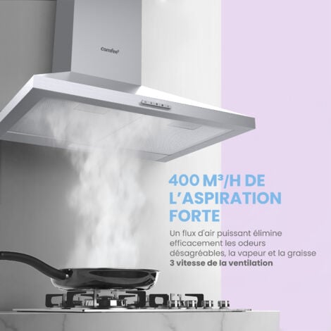 Comfee Hotte Aspirante Hotte De Cuisine 60cm-3 Vitesse- 2 Filtres à Charbon- Recyclage ou Evacuation-LED lampe-En Inox