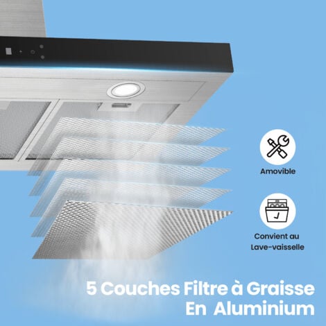 Comfee Hotte Aspirante Tactile 90cm Classe A+++ 650 m³/h Énergétique 4 Vitesse-Agiter Filtre à Charbon LED Affichage En Inox Noir