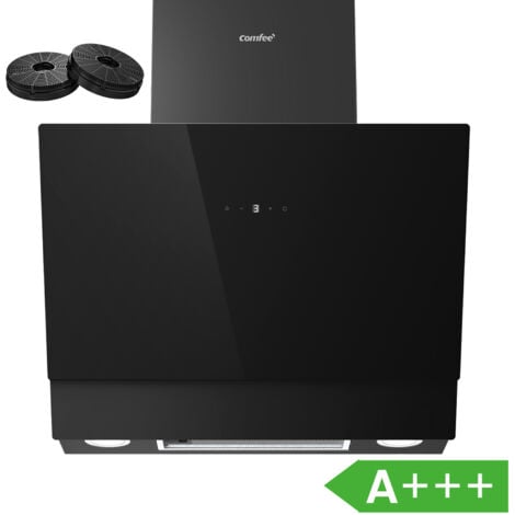 Comfee Hotte Aspirante Inclinée 60cm - 650m³/h - Classe A+++ - 4 vitesses - Filtres à Charbon Inclus - Commandes Gestuelles - Verre Noir - 21.5W LED