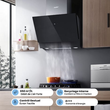 Comfee Hotte Aspirante Inclinée 60cm - 650m³/h - Classe A+++ - 4 vitesses - Filtres à Charbon Inclus - Commandes Gestuelles - Verre Noir - 21.5W LED