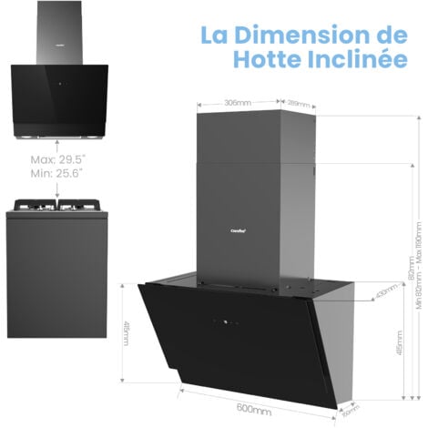 Comfee Hotte Aspirante Inclinée 60cm - 650m³/h - Classe A+++ - 4 vitesses - Filtres à Charbon Inclus - Commandes Gestuelles - Verre Noir - 21.5W LED