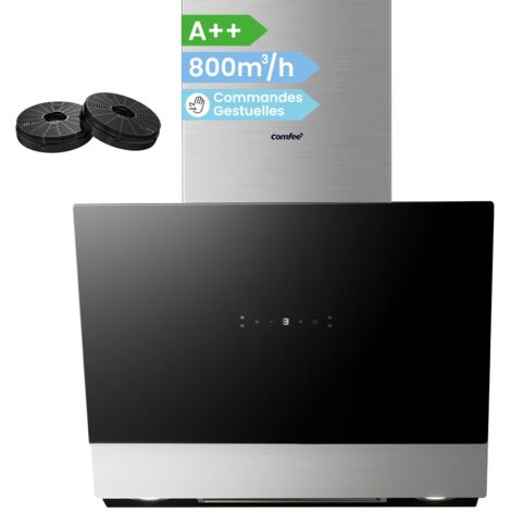 Comfee – Hotte décorative inclinée 60 cm – Débit d'air 800 m³/h – Classe A++ – 4 vitesses – Recyclage ou évacuation – Verre noir