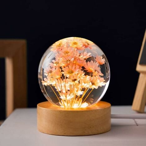 Veilleuse boule de cristal fleur 6 cm lampe de nuit boule de verre avec  base en bois décorations cadeaux pour hommes femmes enfants garçons filles  adolescents (marguerite rouge) [Classe énergétique G]