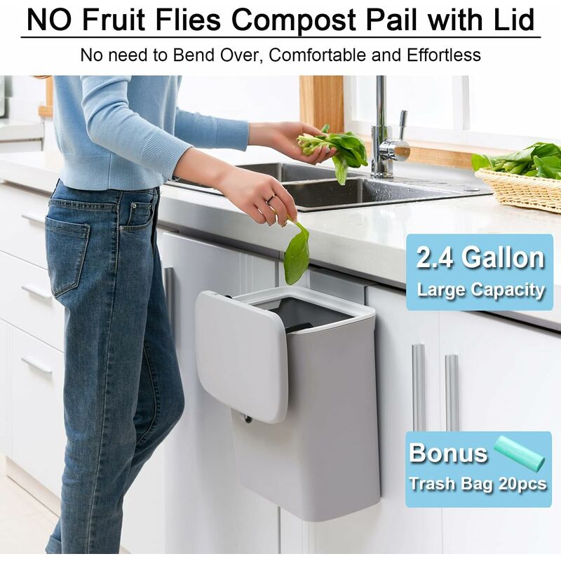 Poubelle à Compost Cuisine 9L - À Suspendre Sous évier Ou Comptoir - Gris - Avec Sacs Inclus
