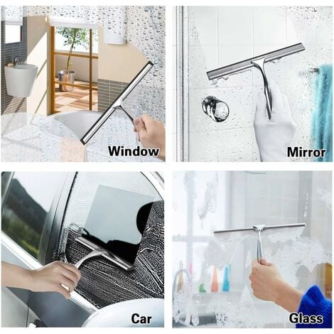 Raclette de douche, raclette de douche en acier inoxydable raclette de douche 12 pouces avec support mural sans perage pour portes de douche, salles de bains, cuisines, fenêtres et vitres de voiture