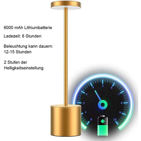 Lampe de table sans fil, batterie rechargeable 6000 mAh, 2 niveaux de luminosité, lampe de chevet en métal, pour salon, chambre à coucher, bureau, studio (doré)