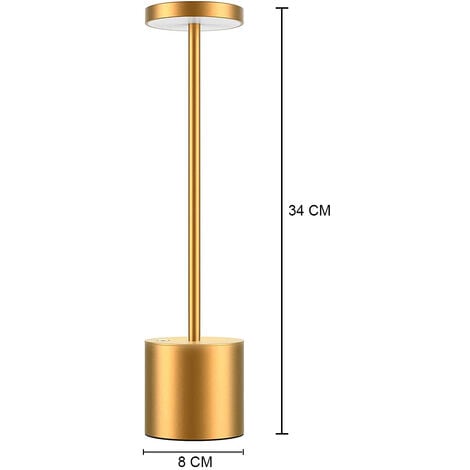 Lampe de table sans fil, batterie rechargeable 6000 mAh, 2 niveaux de luminosité, lampe de chevet en métal, pour salon, chambre à coucher, bureau, studio (doré)