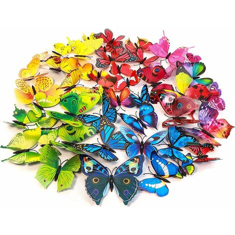 Lot De 24 Stickers Muraux Papillons Lumineux 3D - LEDs Multicolores, Piles Bouton, Pour Déco Chambre Enfant