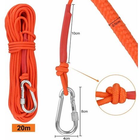 Corde Tressée en Polypropylène Cordes Escalade 20M avec Mousqueton Protection UV Anti-moisissure Anti-Corrosion Multifonctionnel pour Pêche Alpinisme Camping Sauvetage Randonnée - Orange