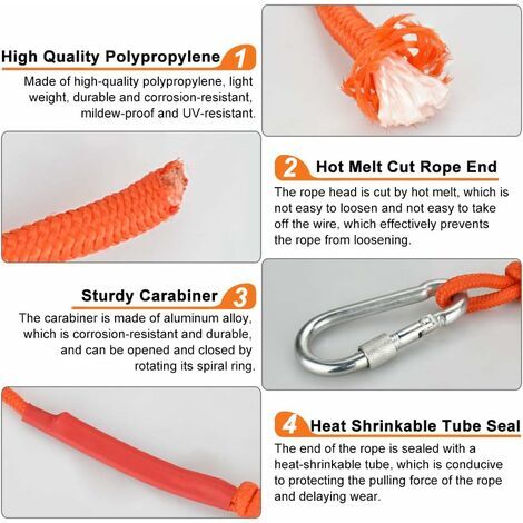 Corde Tressée en Polypropylène Cordes Escalade 20M avec Mousqueton Protection UV Anti-moisissure Anti-Corrosion Multifonctionnel pour Pêche Alpinisme Camping Sauvetage Randonnée - Orange