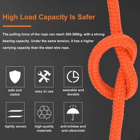 Corde Tressée en Polypropylène Cordes Escalade 20M avec Mousqueton Protection UV Anti-moisissure Anti-Corrosion Multifonctionnel pour Pêche Alpinisme Camping Sauvetage Randonnée - Orange