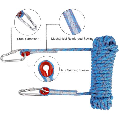 Corde d'escalade avec Mousqueton de Sécurité Statique 10mm Corde d'alpinisme Polyester Sauvetage pour Randonnée Alpinisme Montagne 10M