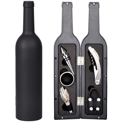 Coffret Accessoire Vin en forme de Bouteille de Vin noir Aimantée : Tire  Bouchon, Bec verseur et Bague anti gouttes