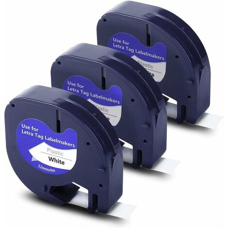 Remplacement de ruban d'étiquettes compatible pour les recharges DYMO  LetraTag 91330 Impression noire sur papier blanc Ruban d'étiquettes  auto-adhésif 12 mm x 4 m (1/2 x 13'), paquet de 3