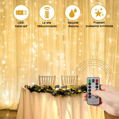 Rideau Lumineux, 3M3M Guirlande Lumineuse LED, 8 Modes d'Eclairage Blanc Chaud, Decoration de Fenêtre, Noël, Mariage, Anniversaire, Maison, Patio,Rideau Lumineux Led