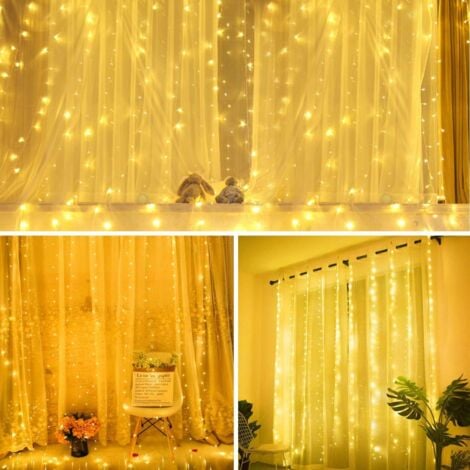 Rideau Lumineux, 3M3M Guirlande Lumineuse LED, 8 Modes d'Eclairage Blanc Chaud, Decoration de Fenêtre, Noël, Mariage, Anniversaire, Maison, Patio,Rideau Lumineux Led