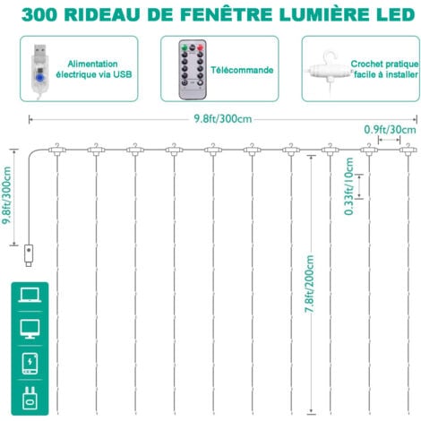 Rideau Lumineux, 3M3M Guirlande Lumineuse LED, 8 Modes d'Eclairage Blanc Chaud, Decoration de Fenêtre, Noël, Mariage, Anniversaire, Maison, Patio,Rideau Lumineux Led