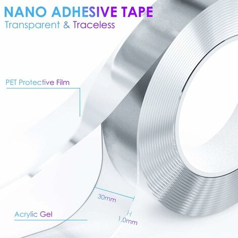 Ruban Adhésif Double Face Extra Fort, 10M Nano Tape Ruban Adhésif Lavable Sans Trace, Rubans Adhésifs Réutilisables, Ruban Adhésif Transparent Imperméable Multifonctionnel Antidérapant