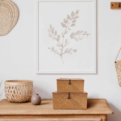 Panier Rangement Rotin 3 Compartiments Avec Couvercle - Naturel, Pour Salle De Bain, Salon, Bureau