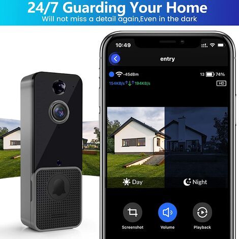 Sonnette sans fil - Sonnette vidéo intelligente avec carillon - Détection de mouvement et alarme, audio bidirectionnel, vision nocturne, vidéo HD, Wi-Fi 2,4 G, stockage en nuage - Connexion sans fil