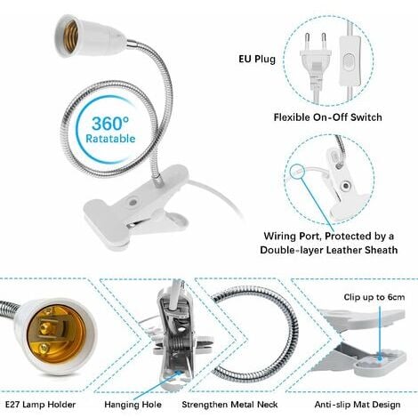 E27 Douille Ampoule à Pince avec Interrupteur,Base de Lampe de Table à LED avec Col de Cygne 360 Degrés,Clip-Sur Base de Lampe avec 1.8M Câble, pour Plantes,Aquariums,Table, Maquillage,Lecture