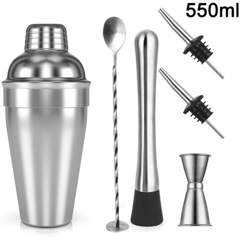 Ensemble de 6 pieces Ensemble de cocktail professionnel en acier inoxydable Shaker a cocktail avec passoire 550 ml 750 ml tasse a mesurer 2 verseurs pilon de bar cuillere de bar