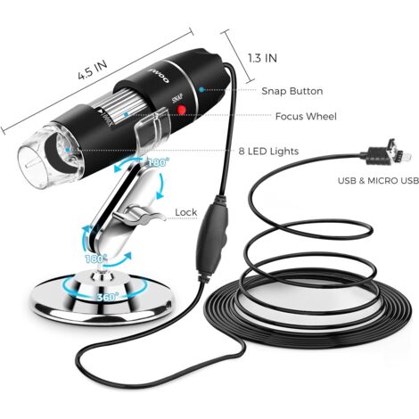 Microscope USB 8 LED USB 2.0 Microscope Numérique, Mini Caméra Endoscope Grossissement 40 à 1000x avec Adaptateur OTG et Support en Métal, Compatible avec Mac Window 7 8 10 Android Linux
