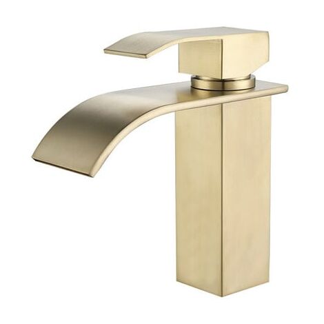 Robinet de Lavabo Cascade, Robinet Salle de Bain avec Eau Froide & Chaude Disponible, Mitigeur Lavabo Laiton，Doré