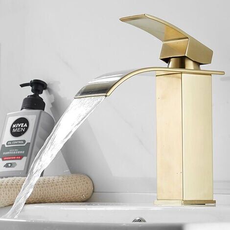 Robinet de Lavabo Cascade, Robinet Salle de Bain avec Eau Froide & Chaude Disponible, Mitigeur Lavabo Laiton，Doré