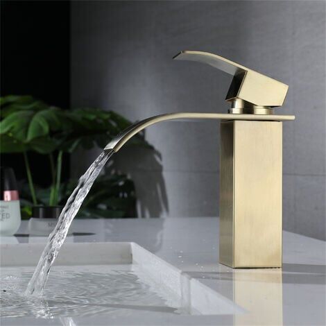 Robinet de Lavabo Cascade, Robinet Salle de Bain avec Eau Froide & Chaude Disponible, Mitigeur Lavabo Laiton，Doré