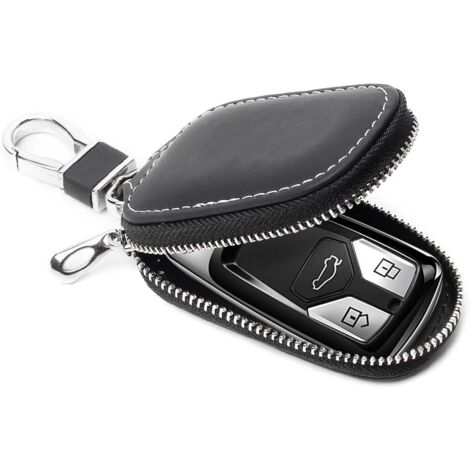 Véritable Cuir Voiture Key Case,Étui Porte-clés Voiture À Distance Pochette en Cuir Véritable pour Hommes Zipper Voiture Key Case (Noir)