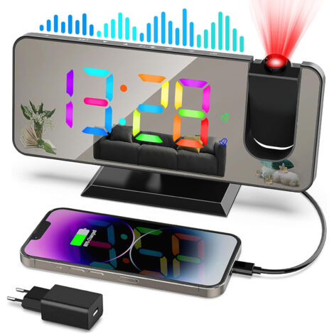 Réveil Projecteur Zerotop - Affichage LED RGB, Double Alarme, Port USB, Projection Plafond