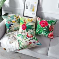 Housses De Coussin Extérieur 45x45cm Lot De 4 - Motif Fleurs Tropicales Et Oiseaux - Imperméable Lin - Décoration Patio