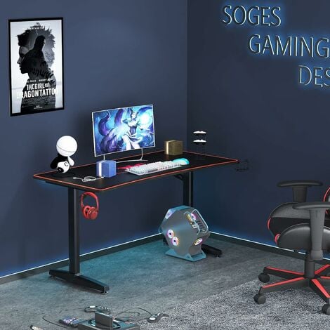 HOMCOM Bureau gaming gamer table ordinateur support casque porte gobelet  racks de haut-parleur intégrés MDF 120 x 60 x 76 cm noir rouge bureau  pour